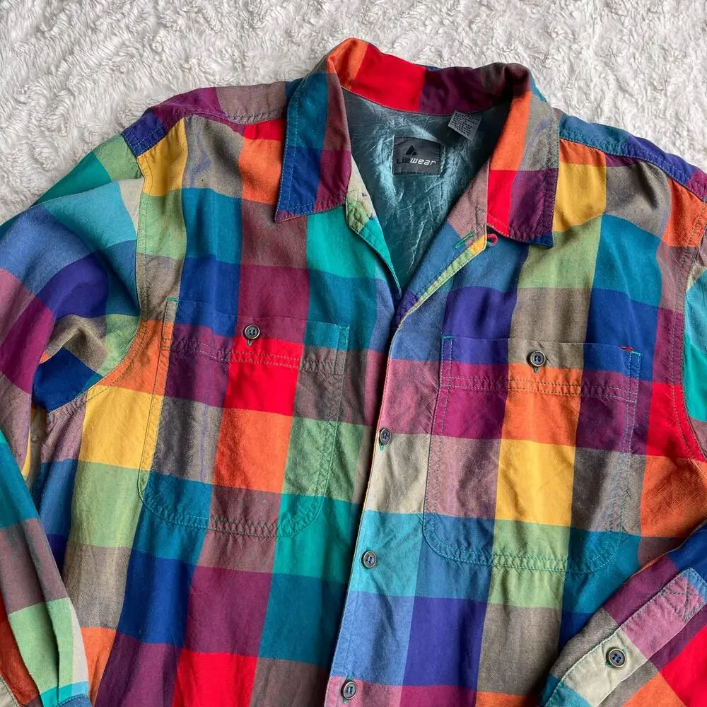 SOLD Vintage lizwear rainbow plaid checkered shirt long sleeve button-down M - Picture 6 of 17